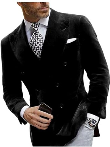 Mi Bo Tong Mens Velvet Blazer Jacket Double Breasted Notch Lapel Dinner Suit Jacket Prom Party Coat Black 38 Chest / 32 Waist