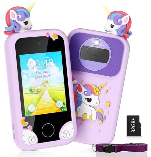 Brolteja Telephone Enfant, Telephone Portable pour Enfants, Smartphone avec Musique Podomètre Alarme Caméra Mode école Livre Audio Lampe Poche, Cadeau de Noël pour Enfant
