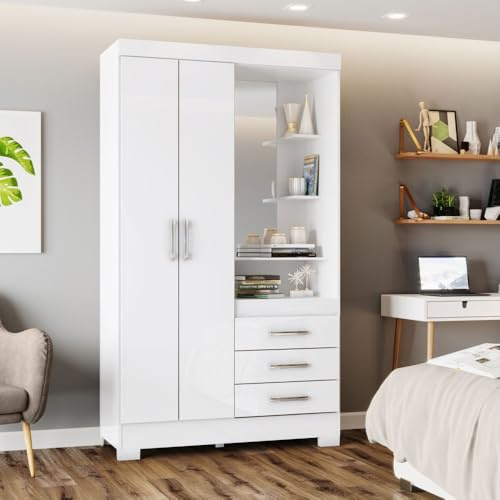 Befara Armario Juvenil Wand 2 Puertas 3 Cajones con Tocador y Espejo – Diseño Moderno y Funcional - Blanco