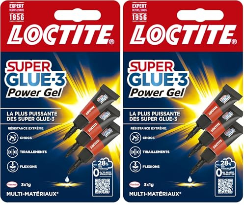 Loctite Super Glue-3 Power Gel Mini Dose, colle forte enrichie en caoutchouc, mini-dose de colle gel ultra-résistante, séchage immédiat, colle transparente, lot de 6 tubes 1 g