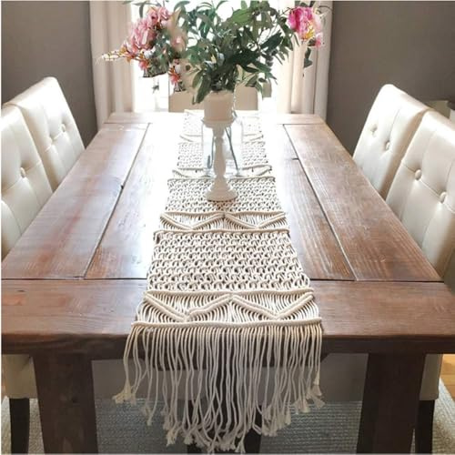 Tagtight Beige Makramee Tischläufer Boho Tischläufer Landhausstil mit Quasten, Waschbar Tischläufer Hochzeit Tischdekoration, Häkelspitze Mesh Tischdecke Party Geburtstag, 35 x 180cm