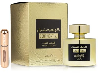 Perfume Confidential Private Gold Original 100ML, Perfume Árabe Unisex de Larga Duración, EDP Incluye Atomizador Recargable 5ML, Fragancia Chipre Frutal con Notas de Durazno, Frambuesa y Vainilla