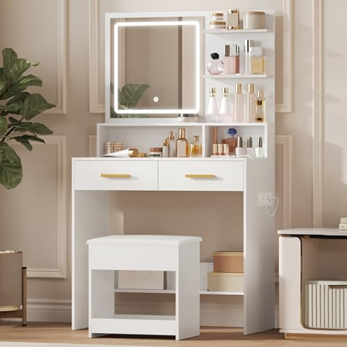 Hzuaneri Coiffeuse avec Tabouret, avec Lumières LED Ajustables,Blanc