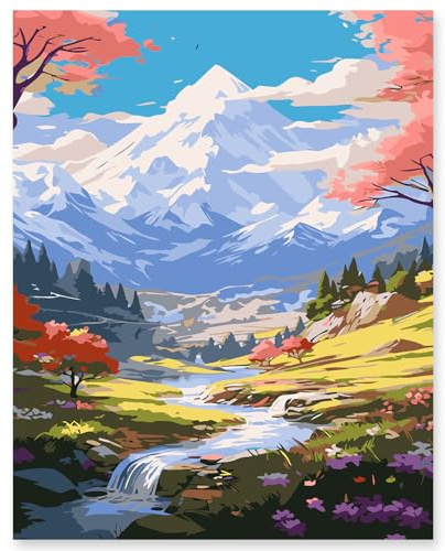 Kit de peinture par chiffres pour adultes débutants et enfants, 1 paquet 16 x 20 pouces Canva pour kits de peinture dans une boîte colorée (sans cadre) - montagnes de neige et de longues rivières