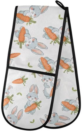 Ofenhandschuhe, doppelte Ofenhandschuhe, Kaninchen, Karotte, weiß, hitzebeständig, gesteppt, für Grillen, Backen, Küche, Kochen, Handschuhe