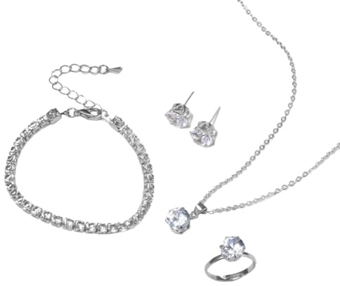 Auriselle Señoras Joyería Set Rhinestone Pendientes Collar Pulsera Anillo Clásico 4 Piezas Mujeres Joyería con Cubic Zirconia Regalos de Boda para Damas, Plata