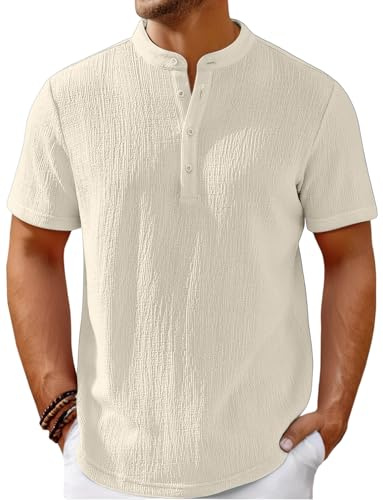 WINKEEY Chemise Homme Henley à Manches Courtes T-Shirt Homme Tunisien Tee Shirt d'été Décontracté, Beige XL