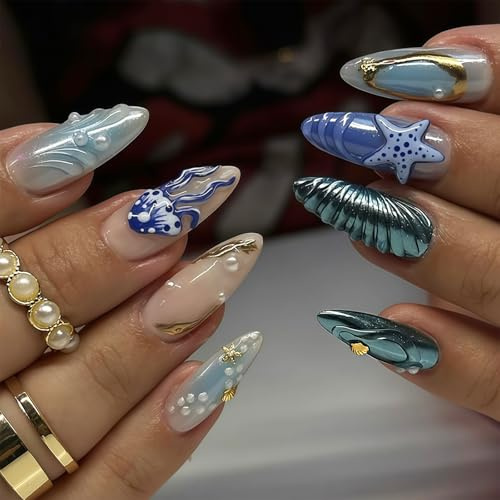 Yamobi 24 Stück Mandel Press on Nails Mittel Falsche Nägel Blau Weiß Französische Spitze Falsche Nägel Mit 3D Muscheln Stern Designs Weiß Ombré Nagel Press ons Glänzend
