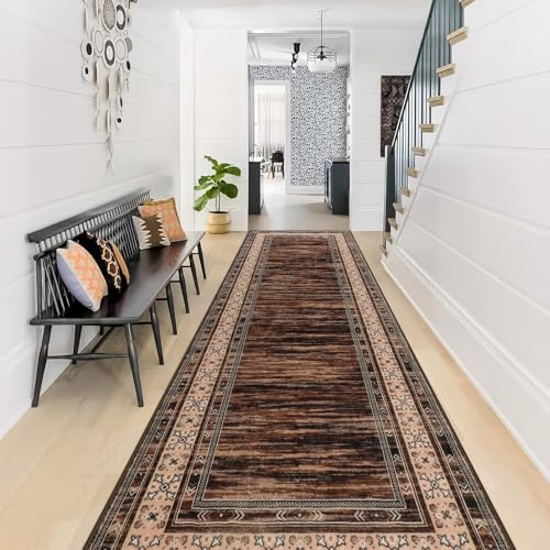 IMIYOKU Modern Braun Läufer Teppich für Flur Waschbarer Läufer Teppich Flur 80x300cm Bettvorleger Küchen Wohnzimmer Schlafzimmer Teppiche rutschfest Kurzflor Weich Flurläufer Teppichläufer