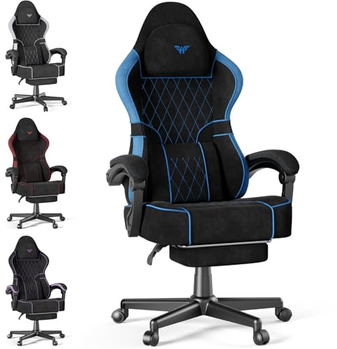 Soontrans Gaming Stuhl mit Massage Lendenwirbelstütze, Gepolstert Gaming Chair Ergonomisch mit Fußstütze, Samt, 90-160° Rückenlehne verstellbar, 360° Drehbar（schwarz&blau）