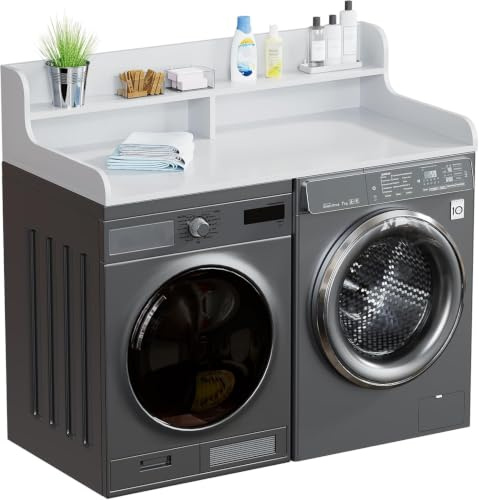 Arbeitsplatte für Waschmaschine und Trockner, 2 Ebenen, 137 x 69.8 cm | Mit Zusatzregal für Deko und Zubehör, Holzplatte mit Kantenleiste, ideal zum Falten und Ordnen in Waschküche oder Bad Weiß