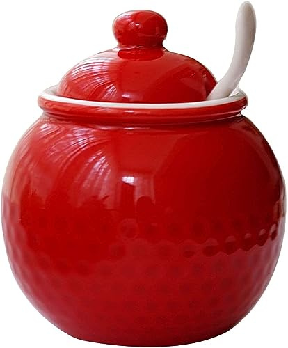 ChengChengJin Azucarero de cerámica con tapa y cuchara, cuenco de sal, tarro de condimentos para encimera de cocina, 250 ml (rojo)