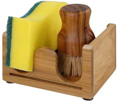 HTB Sponge Holder for Kitchen Sink, Teak Wood Dish Sponge Caddy with Drain