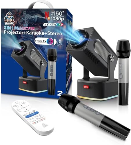 HCS350KTV Proiettore 3 in 1 - Proiettore home theater con supporto, sistema karaoke, altoparlanti stereo integrati, sistema di intrattenimento portatile per esterni/interni (blu)