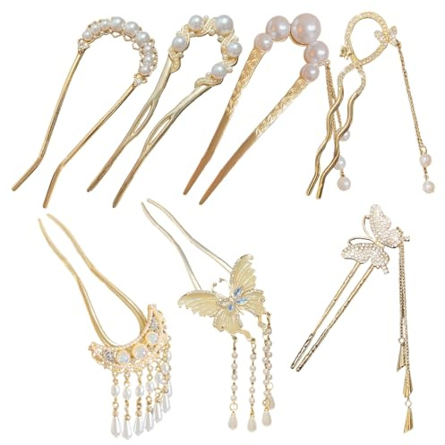 7 horquillas chinas para el pelo, pasadores vintage con perla y flor, palillos en forma de U para moño, accesorios retro (dorado)