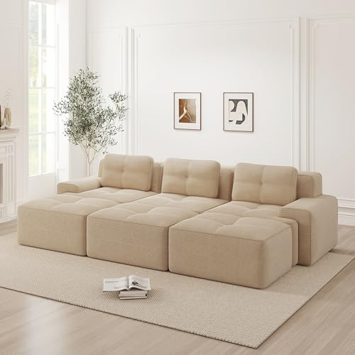 MSMOK Sofás sin marco, de pana suave, color beige, modular de esquina con función de dormir y 3 taburetes, sofá de 3 plazas, cómodo sofá para el salón