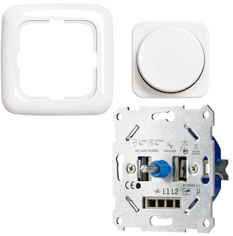 proventa LED Dimmer Unterputz 250W -> Komplettset mit Busch-Jaeger Reflex-SI alpinweiss <- LED Drehdimmer für LED & Halogen - Phasenabschnitt - 2-Draht Technik
