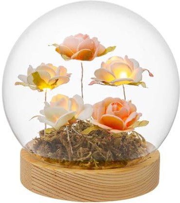 Palais Royal Sfera in Vetro con Rose e LED 12cm Base in Legno