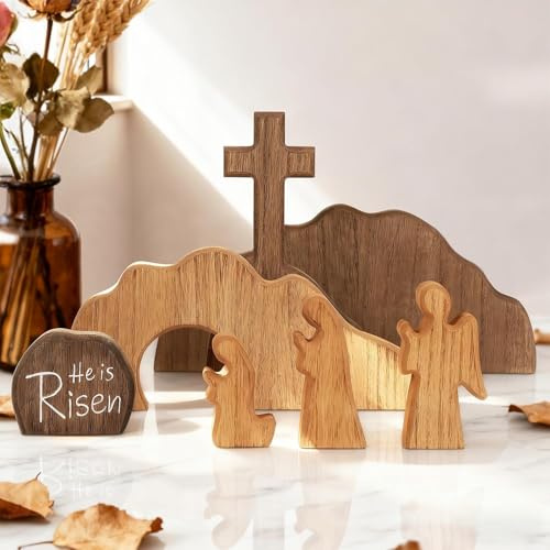 【He is Risen】Empty Tomb Scene Spring Easter Decorations, Jesus Nativity Resurrection Figurines Set With Wooden Cross For Home, Office, Table, Shelf, Mantle Decor – Christian Catholic Religious