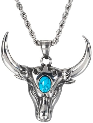 keigtuxh Collar vintage con colgante de cabeza de toro de acero inoxidable turquesa para hombre, 24 Inches (60cm), Acero inoxidable, Turquesa