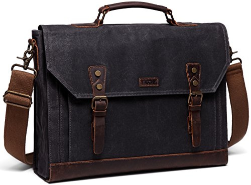 VASCHY Bolso bandolera vintage para hombre y mujer, de lona de piel, para portátil de 15,6, con correa extraíble, 15,6 pulgadas lona gris, 1, Vintage