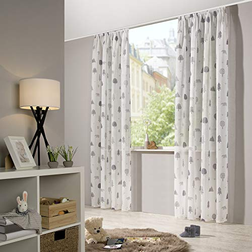 heimtexland® Niños cortina aspecto de lino transparente Natural Gris skandinavisch Bosque oso cortina infantil cortina o banda – Ökotex typ563, poliéster, blanco y gris, HxB 245x135 cm mit Band