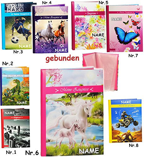 A 4 - Zeugnismappe/Zeugnisbuch -  Meine Zeugnisse   Einhorn mit Fohlen  - incl. Name - GEBUNDEN mit festen Seiten - A4 - Softcover - Dokumentenmappe -..