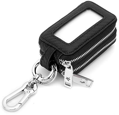 Aileder Autoschlüsseletui echtes Leder Autoschlüssel-Geldbörse Schlüsselanhänger Halter mit Metallhaken und Fenster, Doppelreißverschlusstasche für Autofobs und Hausschlüssel