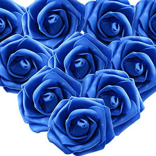 MEJOSER 50er Schaumrosen Künstliche Blumen Rosenköpfe Rosenblüten Foamrosen Brautstrauß DIY Party Hause Hochzeit Deko (Blau)