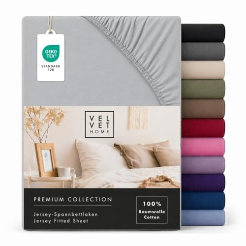 VelvetHome Spannbettlaken 140x200cm 100% gekämmte Baumwolle, Jersey Spannbetttuch für Matratzen bis 25 cm Höhe, Oeko-Tex Zertifiziert, bügelfrei, elastisch, atmungsaktiv, weich, Hell-grau