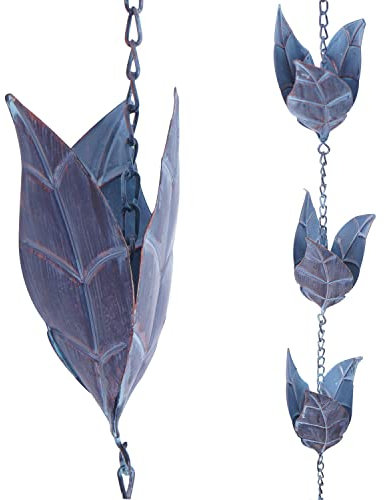 Topadorn Regenketten Dekorative 8.5FT Eisen Dachrinnenkette mit 12 Regensammler Tassen Blatt Regenkette Deko Ihr Haus und Garten Ersatz Fallrohr für Dachrinnen Blau