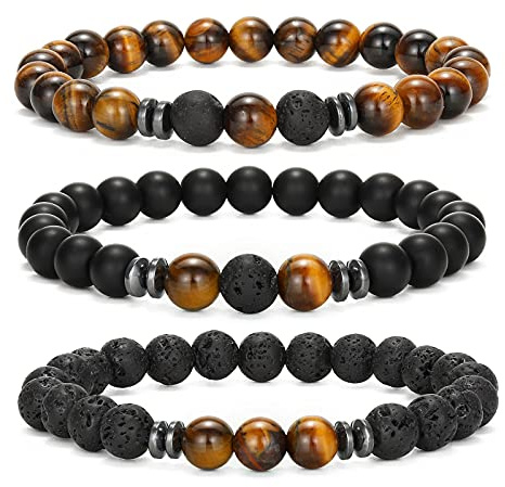 MengPa Mens Beaded Bracelets Couples Matching Bracelet Set Tiger Eye Matte Lava Rock Beads for Women Stone Jewelry (Brown Tiger Eye US4543C)