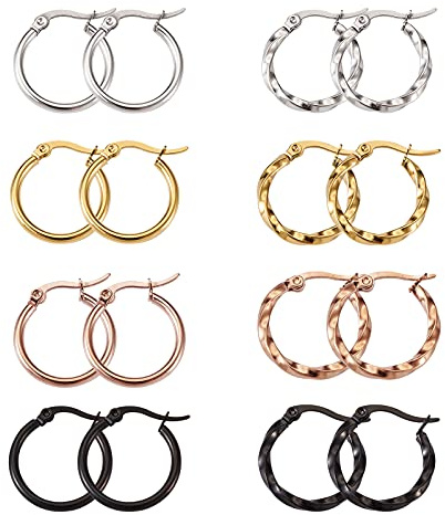 Cheriswelry Lot de 12 boucles d'oreilles créoles en acier titane - 4 couleurs - Rond - Torsadé - Pour la fabrication de bijoux et cadeaux