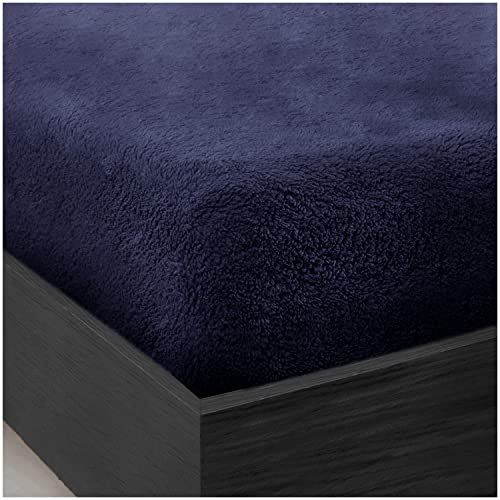 GC GAVENO CAVAILIA Teddy Bear Double Fitted sheet | Fleece Thermal Warm Plain Soft Cuddly Fluffy Fitted Bed Sheets Double | Navy