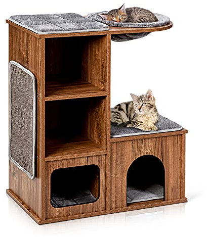 GYMAX Arbre à Chat en Bois avec 3 Etagères 80 CM, 20 KG de Chargé, Griffoirs et Coussins Lavables, Marron Simple & Stable Bois, Style Naturelle Niche Centre d'Activités Multifonctionnel pour Chaton