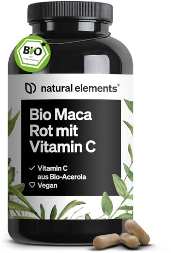 natural elements Bio Maca Rot – 3000 mg Bio Maca rot pro Tagesdosis – 180 Kapseln – Mit natürlichem Vitamin C, ohne Magnesiumstearat – zertifiziert Bio, hochdosiert, vegan, & laborgeprüft
