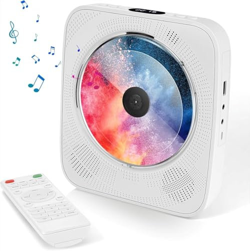 Maite Lettore CD portatile con funzione Bluetooth, altoparlanti Hi-Fi all'interno, presa AUX per cuffie, sistema audio esterno, riproduzione USB, Bianca, radio FM, telecomando incluso