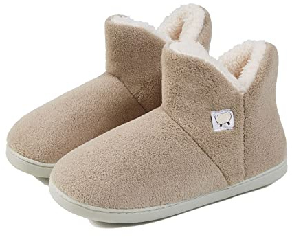 AUXDIQ Hausschuhe Damen Herren Plüsch Gefüttert Winter Hausstiefel rutschfest Pantoffeln Stiefel Schuhe Drinnen und Draußen Beige 43/44 EU