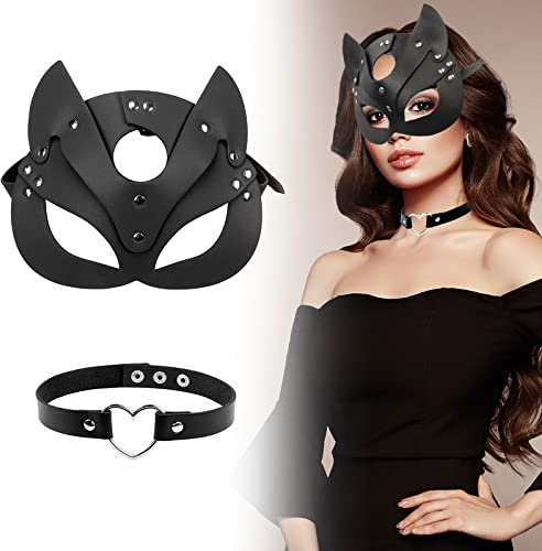 Cosysparks Catwoman Maske Und Choker-Set, Katze Maske Leder Maske Katzenmaske Maske Damen Schwarze PU Katzenmaske Maskerade Maskes Halbgesichtsmaske FüR Halloween Cosplay (Leder1)