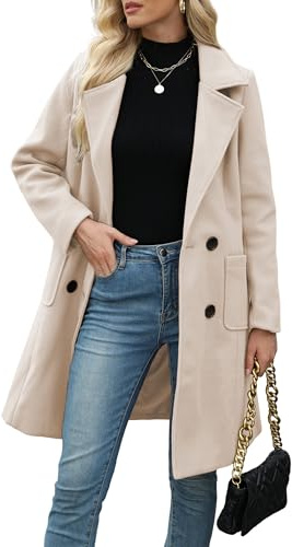 Bankeng Women Winter Wool Blend Camel Mid-Long Coat Notch Double-Breasted Lapel Jacket Outwear (Cream White,M)