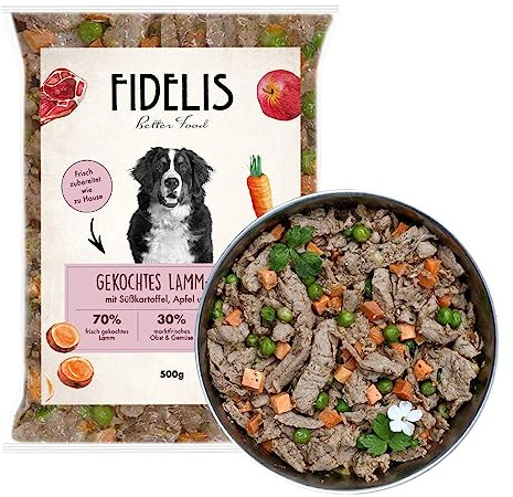 Fidelis - Gekochtes Frische-Menü Lamm für Hunde 10 x 500g - Premium Hunde Futter mit 70% Fleischanteil und frischen Zutaten - Proteinhaltiges Hundefutter nass nicht extrudiert - Zucker- & Getreidefrei