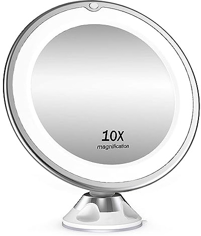 Kosmetikspiegel 10X Vergrößerung, LED Beleuchtet Schminkspiegel 360° Schwenkbar Rasierspiegel mit Saugnapf Wandspiegel Vergrößerungsspiegel mit 3 AAA Batteriebetrieben für Zuhause und Reise - Weiß