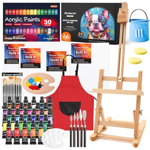 Shuttle Art 66 Pack Set Colori Acrilici per Dipingere, Kit Pittura Acrilica con 30 Colori, Cavalletto Pittura Legno, Tela, Pennelli, Tavolozza, Blocco da Disegno per Adulti Artisti Principianti
