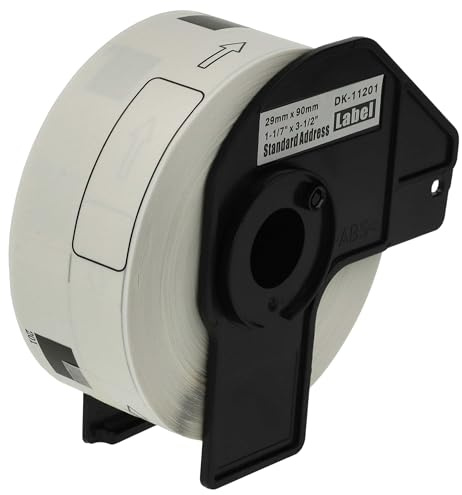 vhbw Etiketten-Rolle mit Halter 29mm x 90mm (400 Etiketten) kompatibel mit Brother PT QL-500A, QL500BS Etiketten-Drucker - Premium Weiß