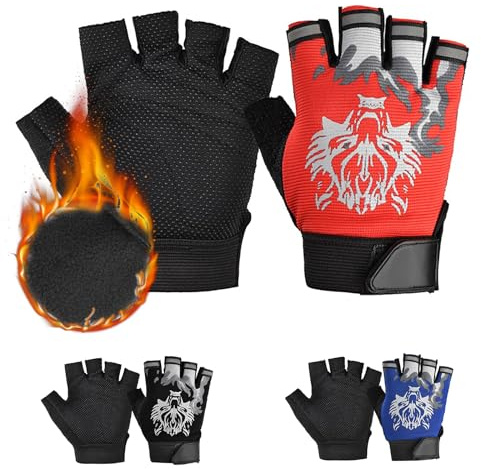CubePlug Guanti mezze dita per bambini, ragazzi e ragazze, per ciclismo, arrampicata, con imbottitura in gel, senza dita, per BMX [SPI] (lupo rosso [versione invernale], M)
