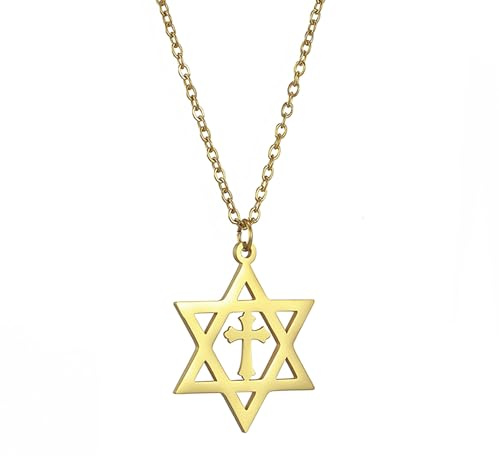 unift Stella di Davide Collana da Donna in Acciaio Inossidabile Ciondolo Classico Ebraico a Esagono con Croce Collane Isael Gioielli Amuleto Religioso (Oro)