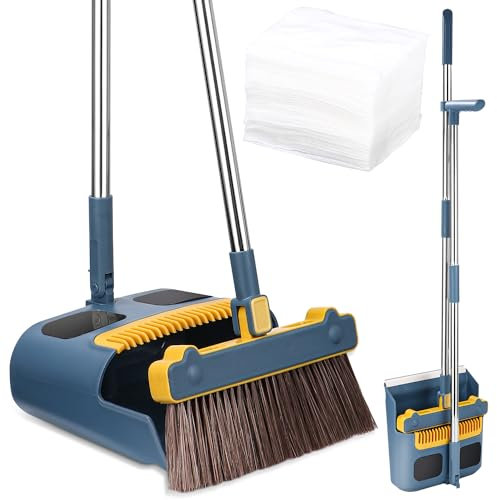 LEAZZLE Besen und Kehrschaufel Set mit Langem Stiel,180 Grad Drehbar Kehrmaschine und Kehrschaufel Combo, Broom and Dustpan Set Enthält 30 Stück elektrostatisches Staubpapier für Haus, Büro, Küche