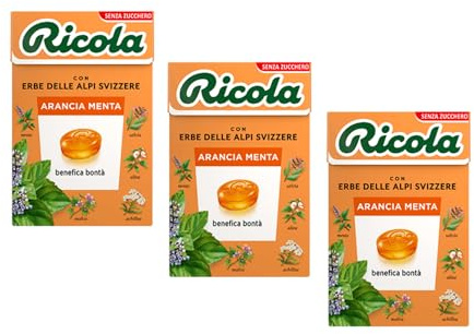 Ricola® | Tabletas de menta naranja | Dulces de hierbas suizas beneficiosos y refrescantes | Caramelos Sin Azúcar - 3 Cajas (150 Gr)