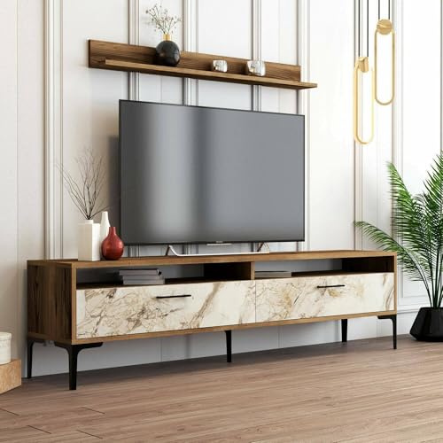 Dmora Parete attrezzata Edasich, Composizione soggiorno, Mobile salotto Multiuso, Armadio Porta TV, 180x35h47 cm, Noce e Bianco Marmo
