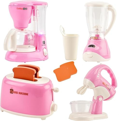 Pretend Play Kitchen Appliances Toy Set Role Play Pretend Kitchen Accessories Set with Coffee Maker Machine,Blender, Mixer and Toaster with Realistic Sounds for Kids Toddlers Boys Girls Ages 3+ Pink